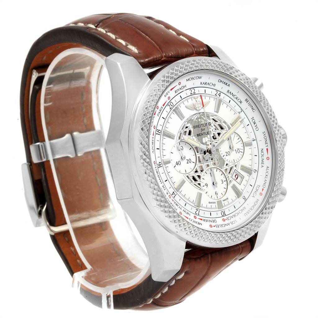 The image shows the Breitling Bentley AB0521U0/A768/789P/A20BA.1 Men
s Stainless Steel Silver Dial AB0521U0/A768/789P/A20BA.1 Men
s Stainless Steel Silver Dial watch at a slight side angle, highlighting its face, bezel, and leather strap.