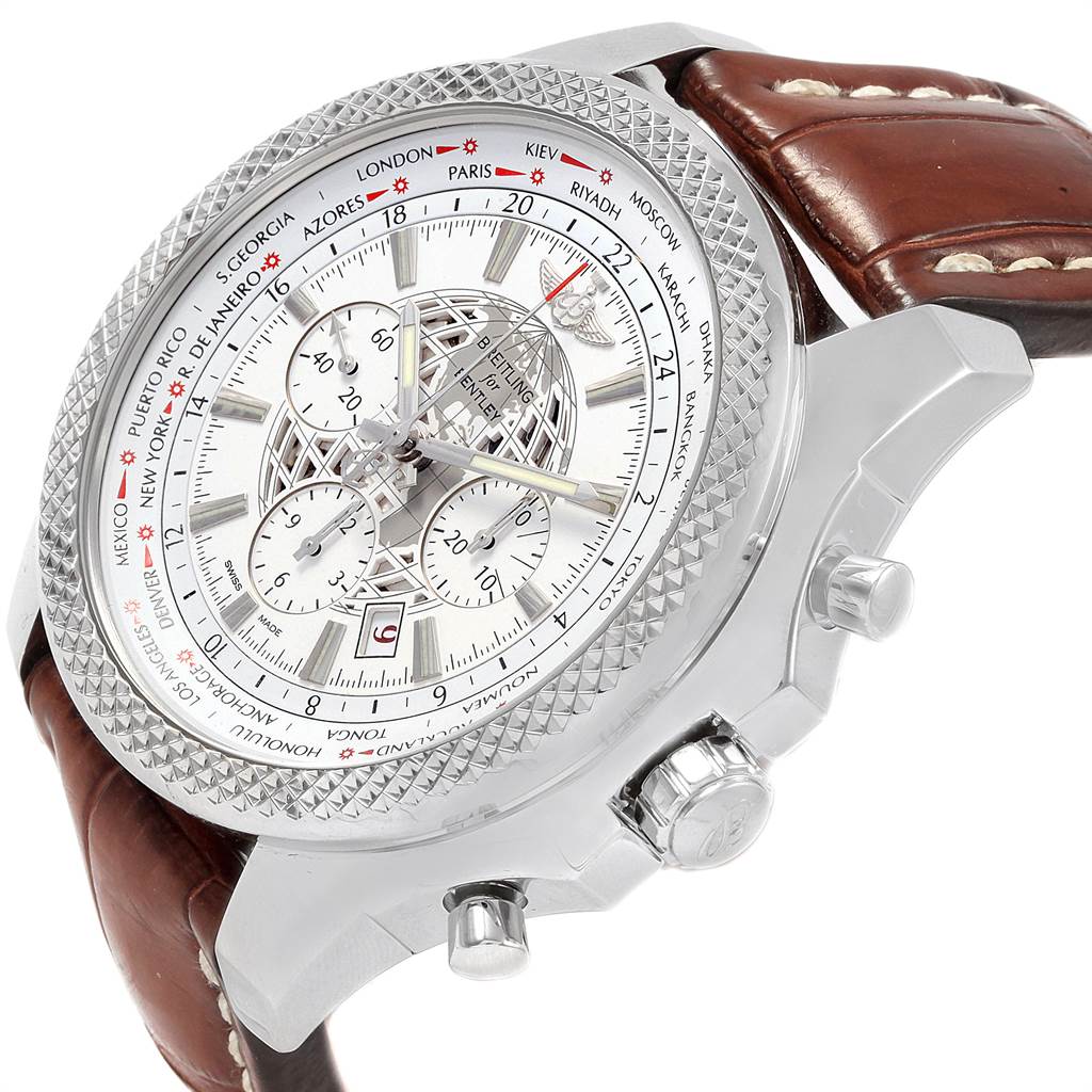 This image shows a Breitling Bentley AB0521U0/A768/789P/A20BA.1 Men
s Stainless Steel Silver Dial AB0521U0/A768/789P/A20BA.1 Men
s Stainless Steel Silver Dial model watch at an angle highlighting the dial, bezel, crown, pushers, and leather strap.