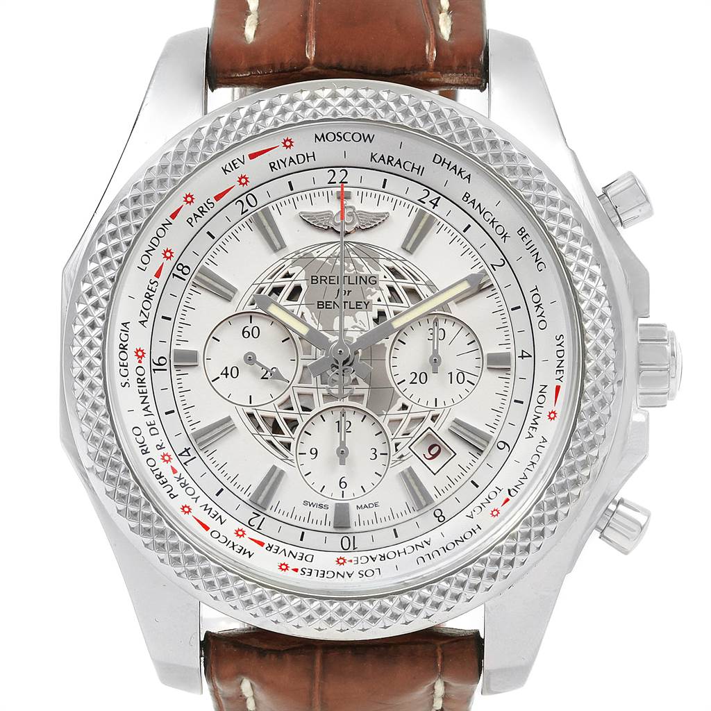 The image shows a frontal view of a Breitling Bentley AB0521U0/A768/789P/A20BA.1 Men
s Stainless Steel Silver Dial AB0521U0/A768/789P/A20BA.1 Men
s Stainless Steel Silver Dial watch, featuring its dial, bezel, and leather strap.
