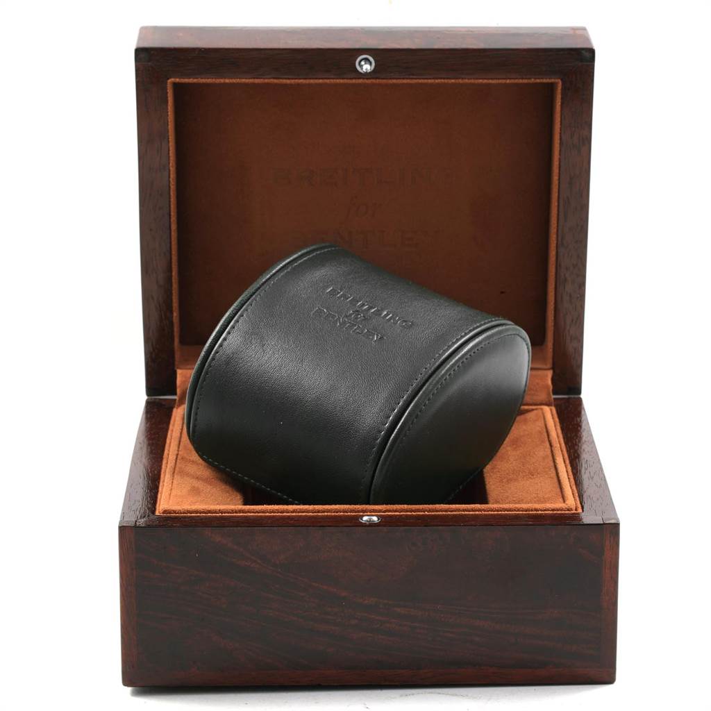 The image shows a Breitling Bentley A44364 Men's Stainless Steel Black Dial A44364 Men's Stainless Steel Black Dial watch accessory: a black leather watch cushion inside an open Breitling-branded wooden box.