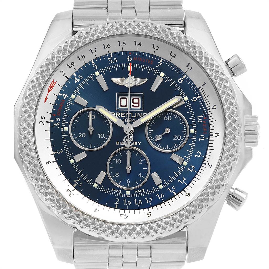 This is a frontal view of the Breitling Bentley A44364 Men's Stainless Steel Black Dial A44364 Men's Stainless Steel Black Dial model watch, showcasing its face, bezel, and part of its bracelet.