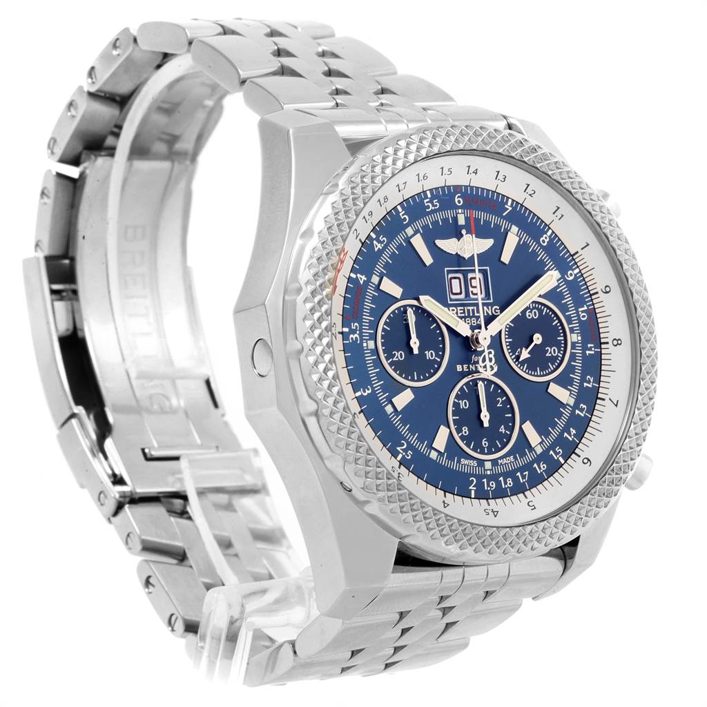 The image shows a Breitling Bentley A44364 Men's Stainless Steel Black Dial A44364 Men's Stainless Steel Black Dial watch at an angle displaying the face, bezel, and partly open stainless steel bracelet.