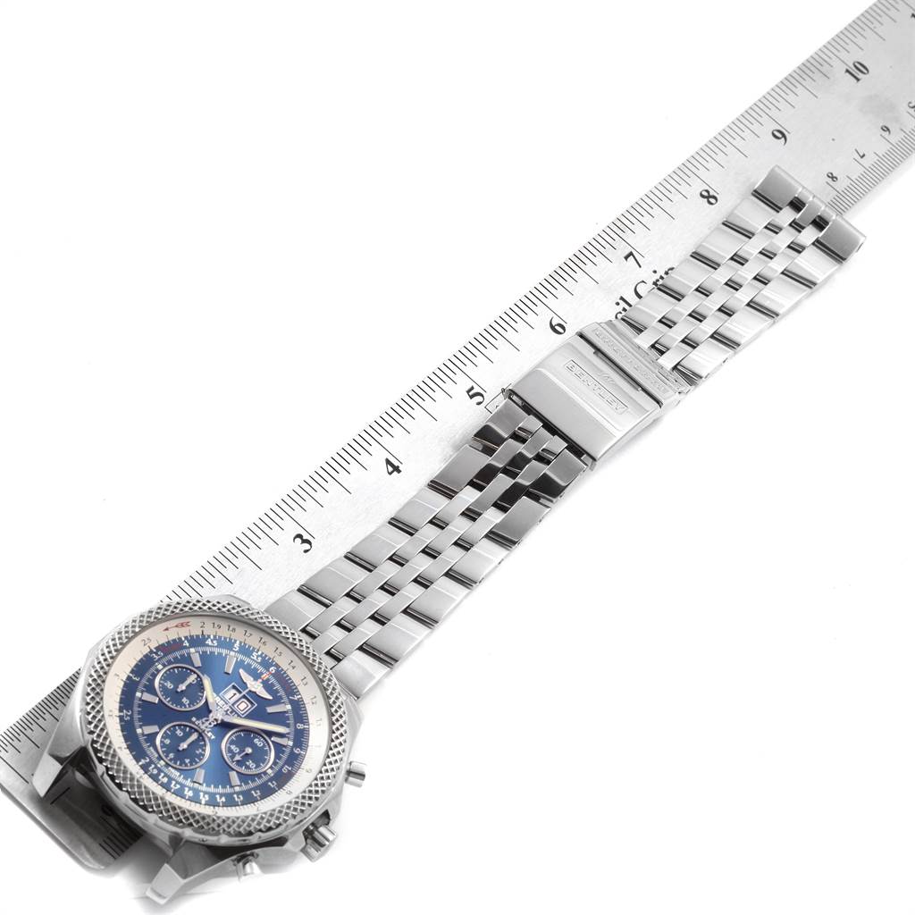 The image shows a Breitling Bentley A44364 Men's Stainless Steel Black Dial A44364 Men's Stainless Steel Black Dial watch, highlighting the dial, bezel, and metal strap, with a ruler for scale.