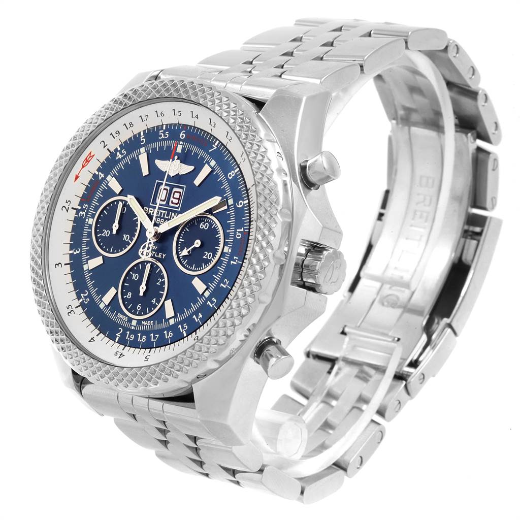 The Breitling Bentley A44364 Men's Stainless Steel Black Dial A44364 Men's Stainless Steel Black Dial watch is shown at an oblique angle, highlighting its blue dial, chronograph subdials, and metallic bracelet.