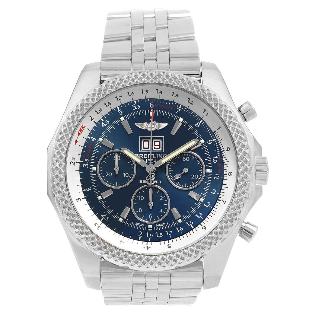 The image shows a front view of the Breitling Bentley A44364 Men's Stainless Steel Black Dial A44364 Men's Stainless Steel Black Dial watch, displaying its face, dial, bezel, and metal bracelet.