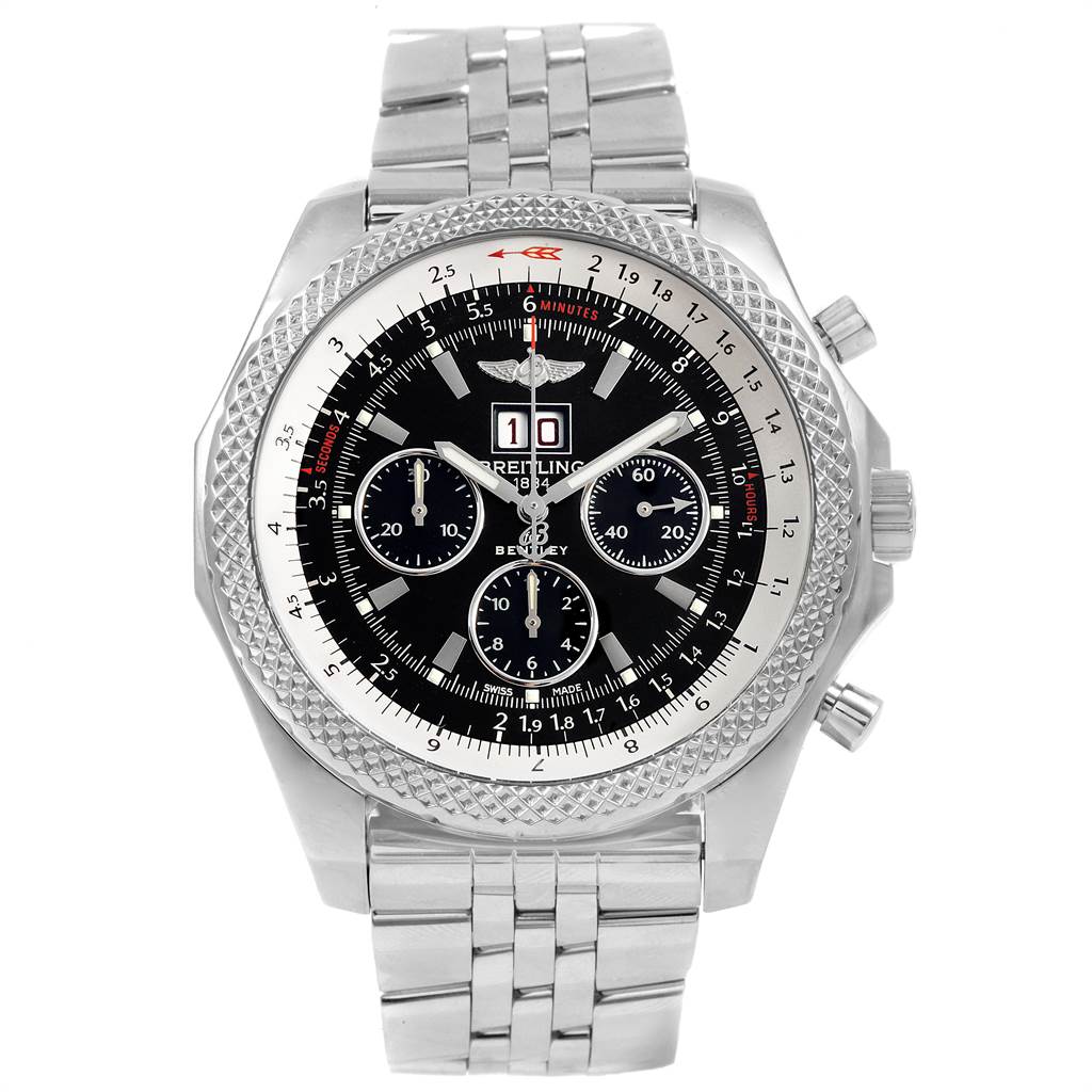 The Breitling Bentley A44364 Men's Stainless Steel Black Dial A44364 Men's Stainless Steel Black Dial watch is shown from a top view, displaying the face, bezel, and part of the metal strap.