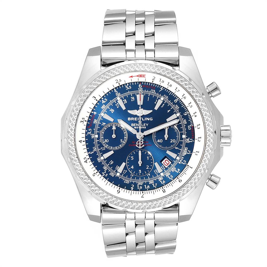 The image shows a front view of the Bentley model watch by Breitling, featuring a blue dial, chronograph functions, and a metal bracelet.