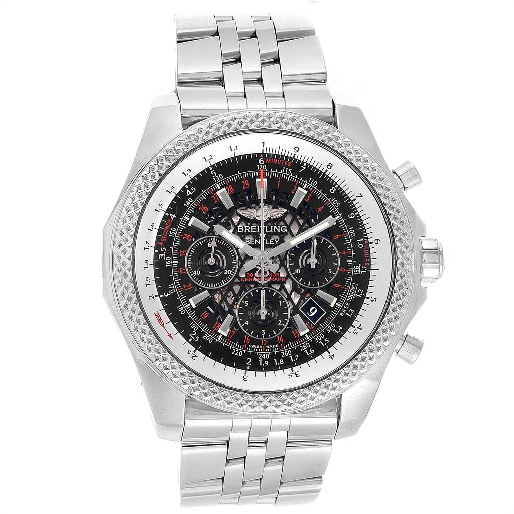 The image shows a front angle view of a Breitling Bentley AB061112.BD80.990A Men's Stainless Steel Black Dial AB061112.BD80.990A Men's Stainless Steel Black Dial watch, featuring its detailed dial and stainless steel bracelet.