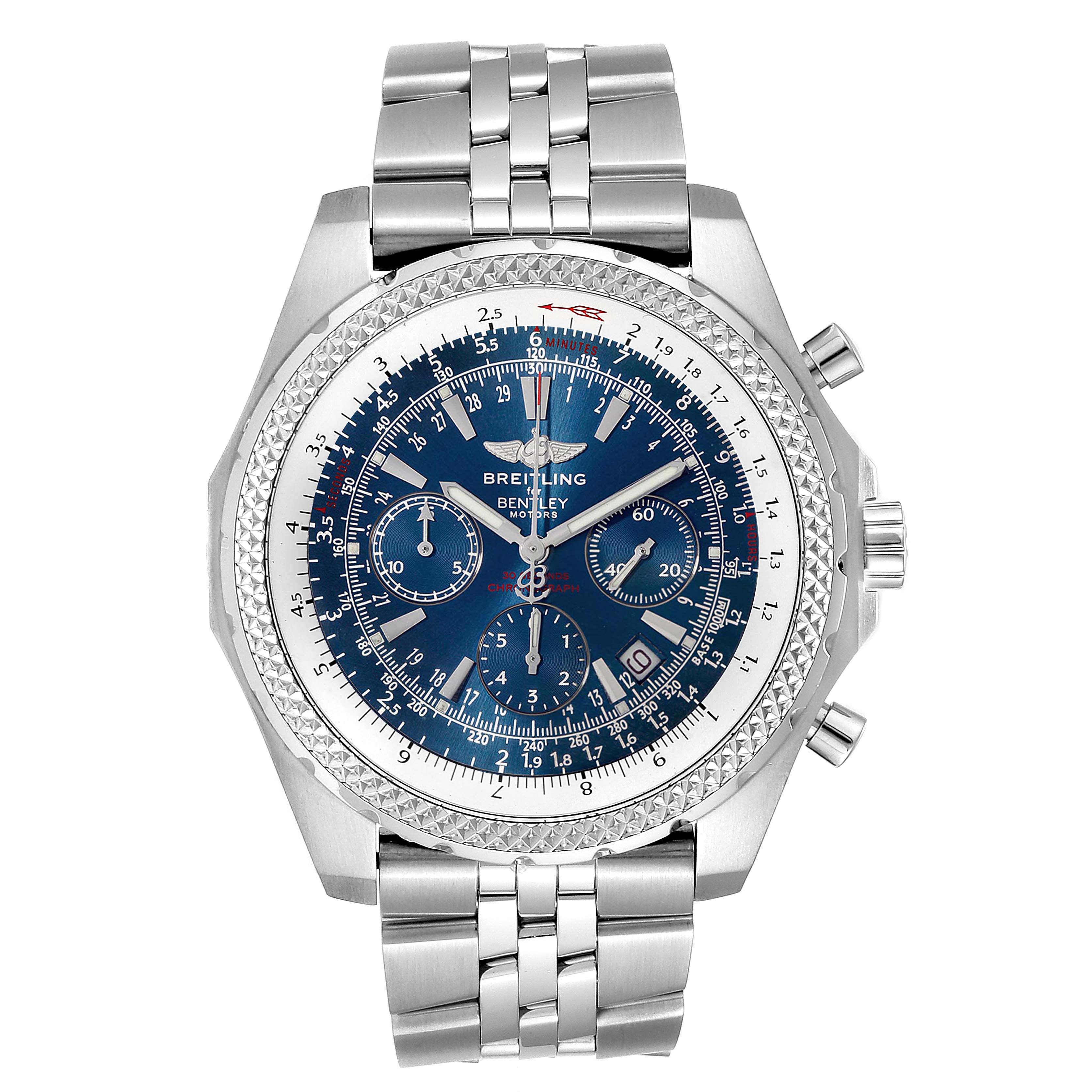 The image shows a front view of the Breitling Bentley A25363 Men's Stainless Steel Blue Dial A25363 Men's Stainless Steel Blue Dial watch, displaying its blue dial, chronograph subdials, and stainless steel bracelet.