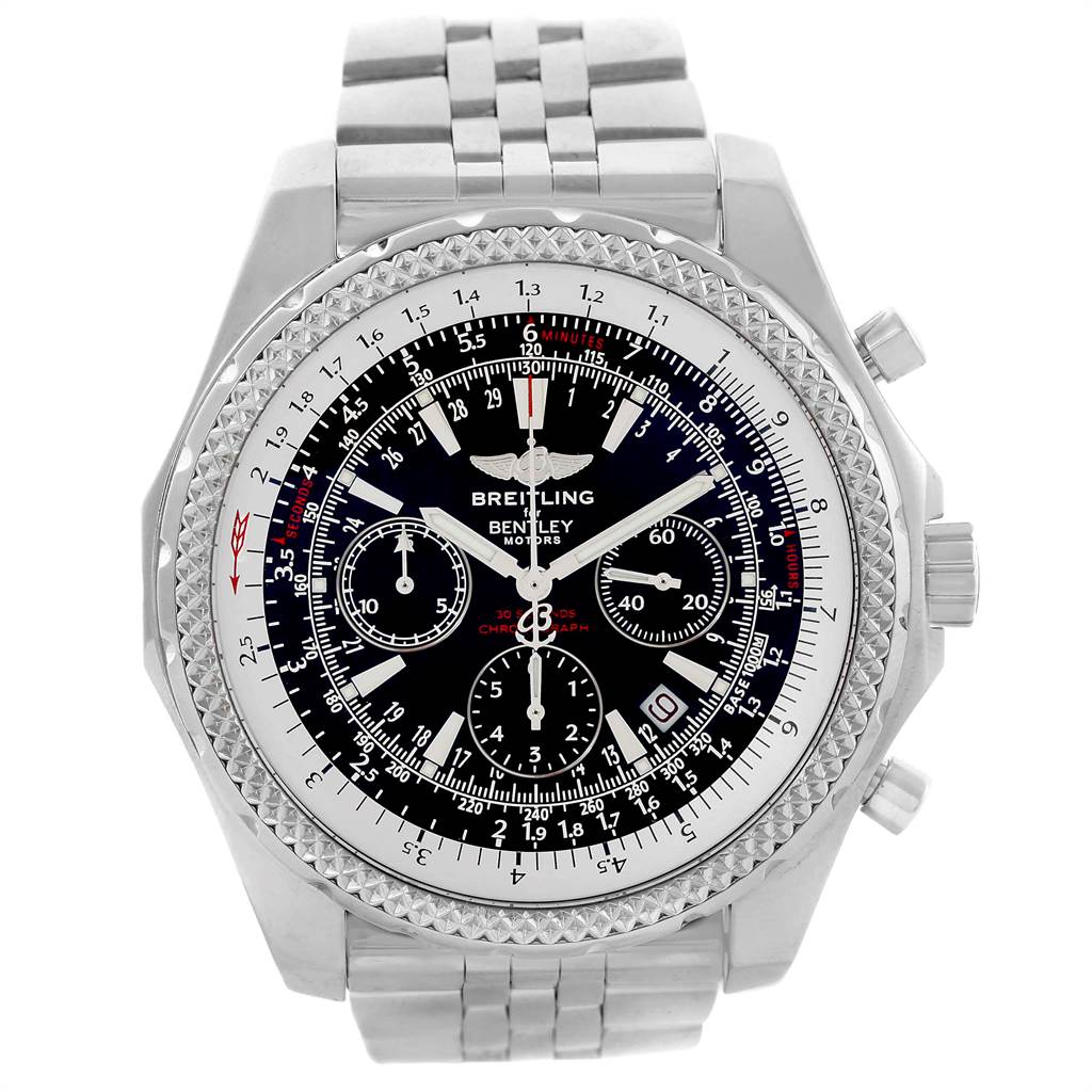This image shows a front view of a Breitling Bentley A25362 Men's Stainless Steel Black Dial A25362 Men's Stainless Steel Black Dial watch with a silver strap, detailed dial, and multiple sub-dials.