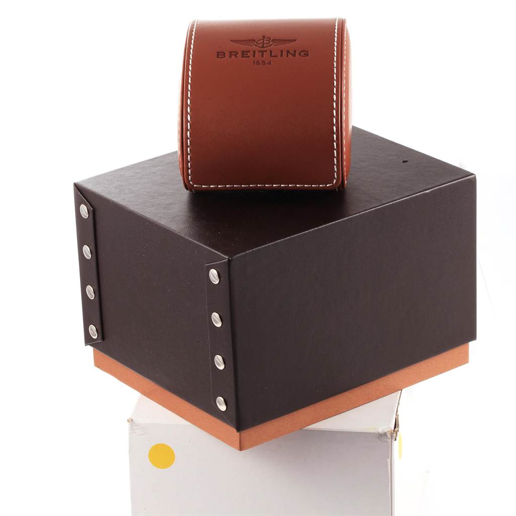 The image shows a Breitling Bentley A25362 Men's Stainless Steel Black Dial A25362 Men's Stainless Steel Black Dial watch's leather case on top of a black and brown box.