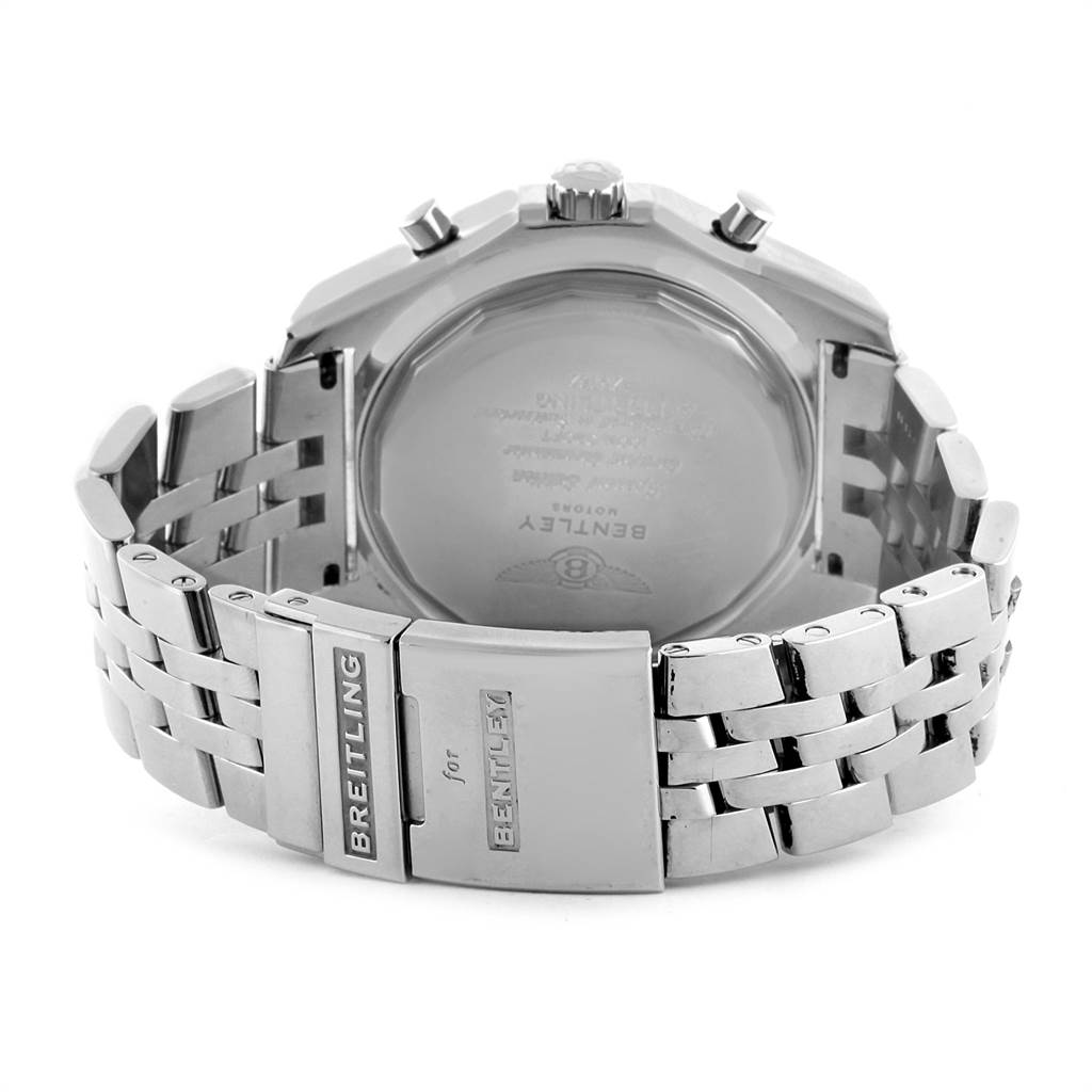 The image shows the back case and metal bracelet of a Breitling Bentley A25362 Men's Stainless Steel Black Dial A25362 Men's Stainless Steel Black Dial watch, highlighting the clasp and engraved branding.