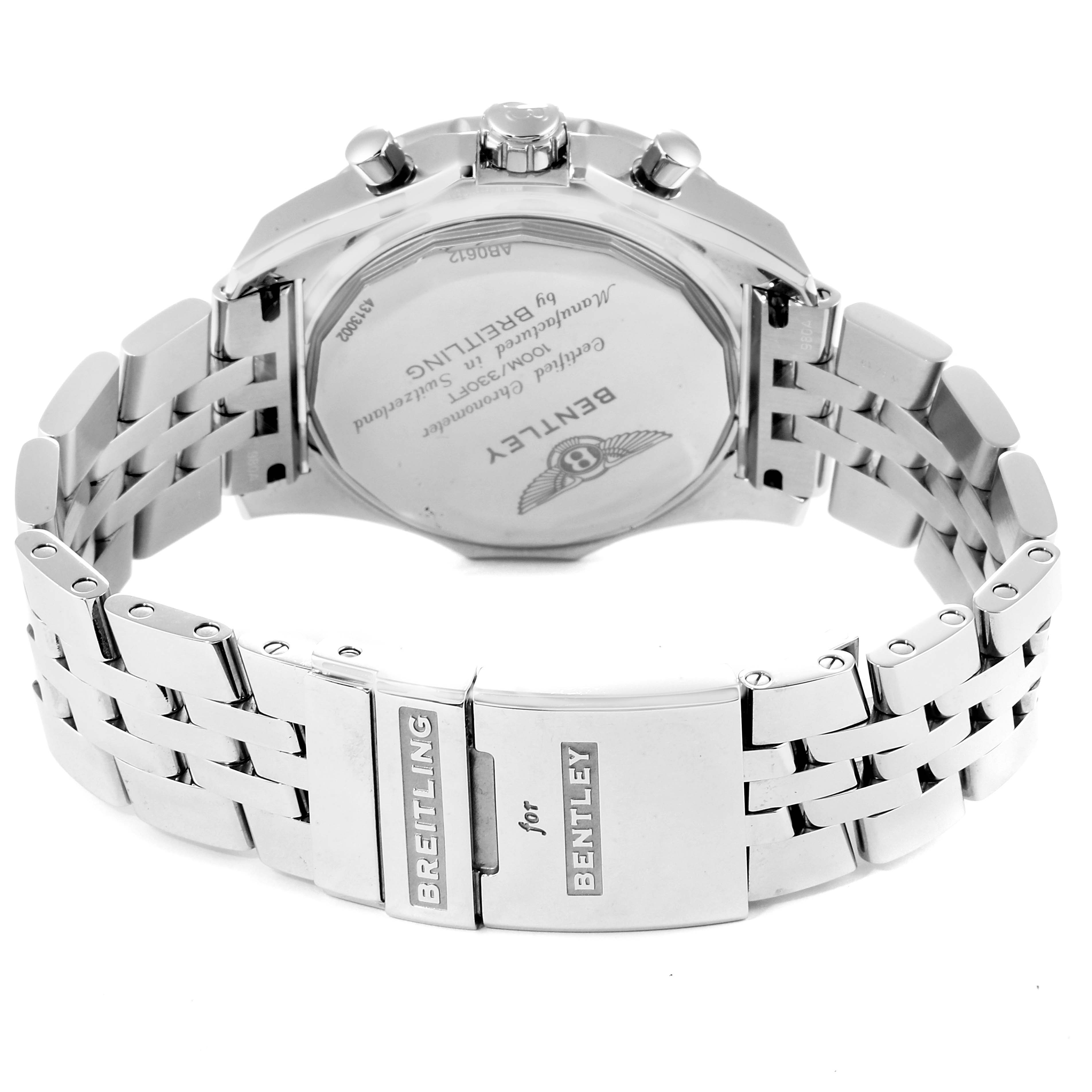 This image shows the back view of a Bentley model by Breitling, highlighting the case back, bracelet, and clasp.