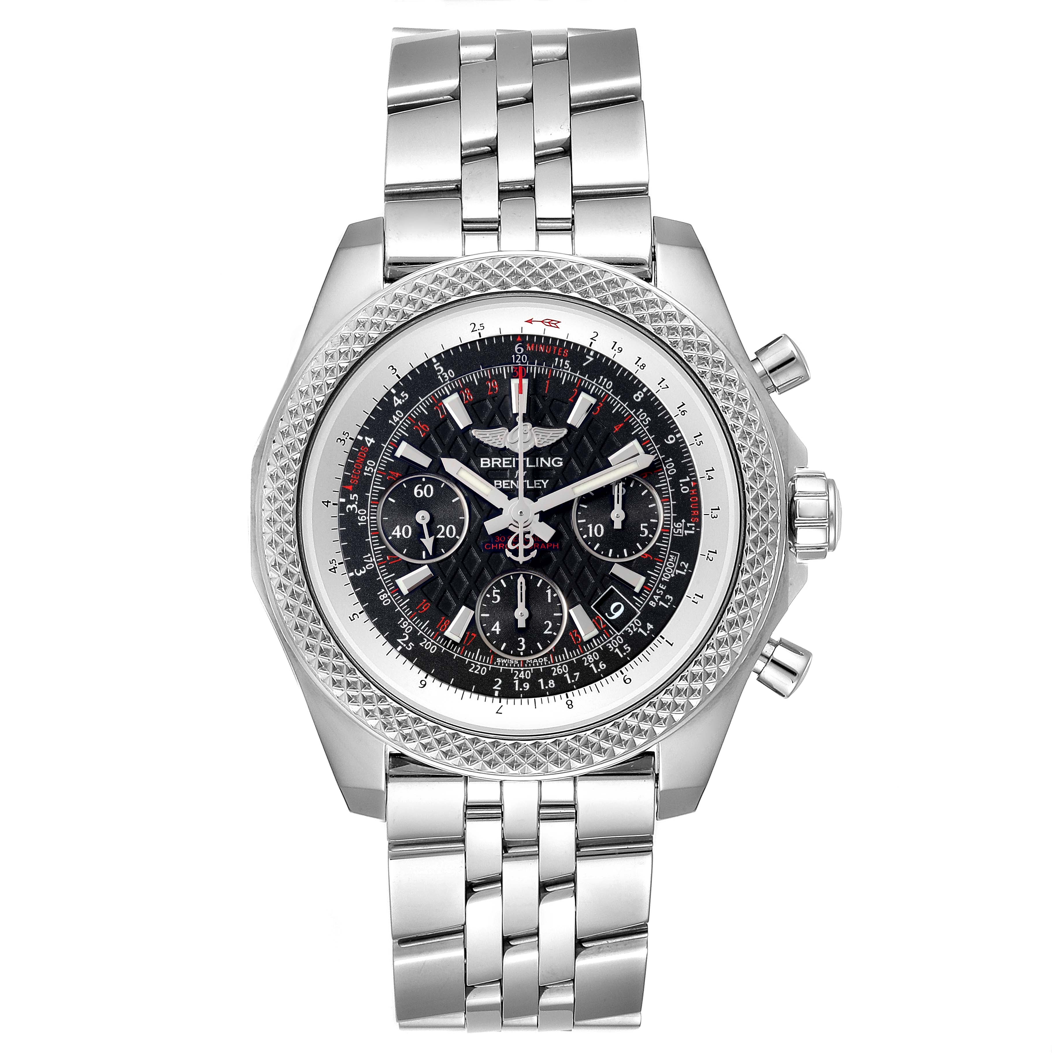 The image shows a front view of a Breitling Bentley AB0612 Men's Stainless Steel Black Dial AB0612 Men's Stainless Steel Black Dial model watch, featuring its dial, bezel, bracelet, and chronograph buttons.