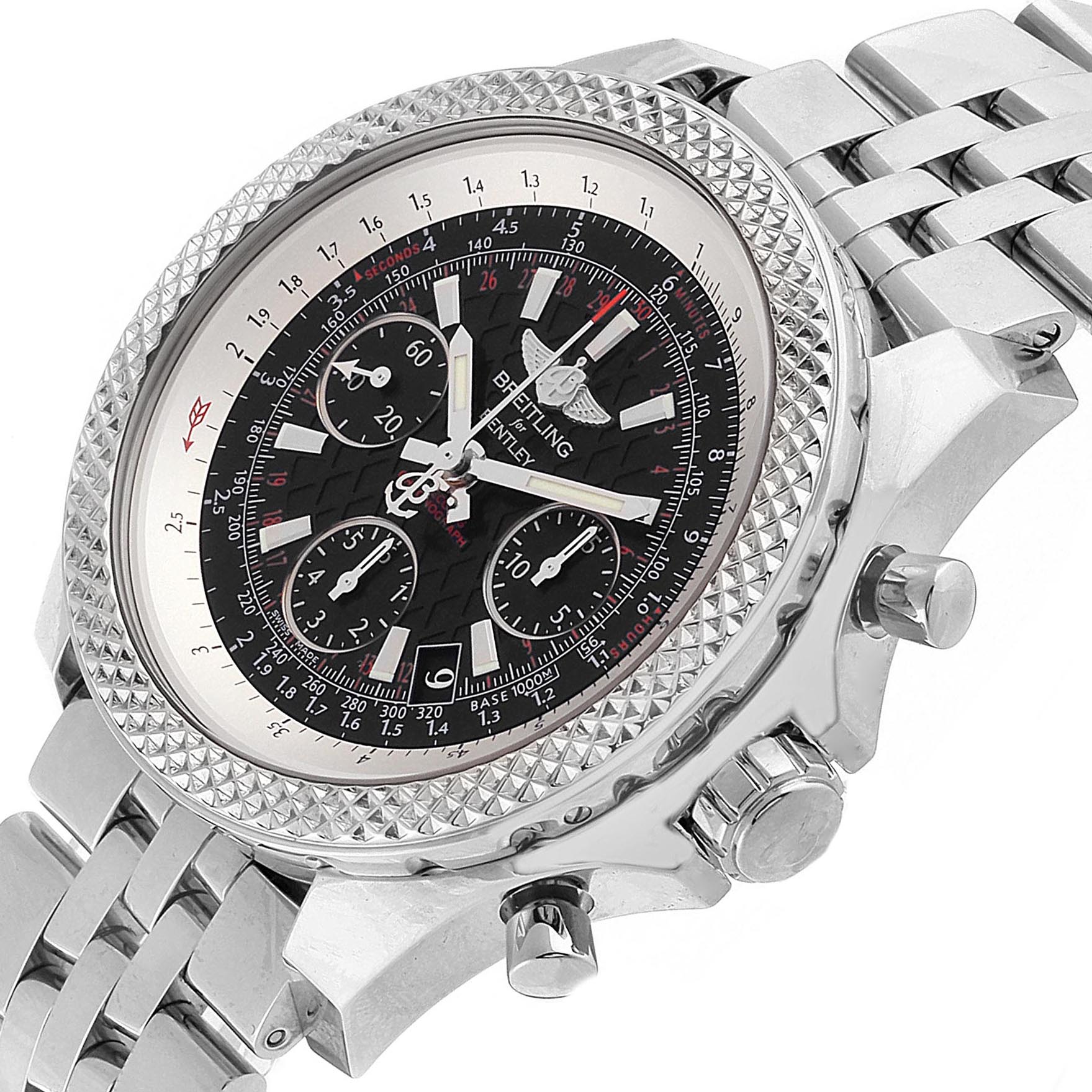 The image shows a Breitling Bentley AB0612 Men's Stainless Steel Black Dial AB0612 Men's Stainless Steel Black Dial watch at an angle highlighting the face, bezel, chronographs, and part of the bracelet.