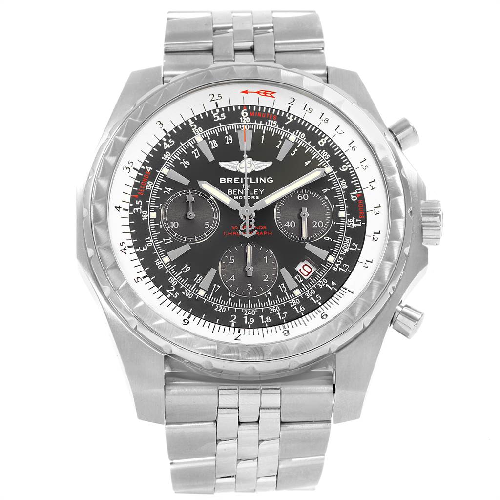 The image shows a front view of a Breitling Bentley A25363 Stainless Steel Grey Dial A25363 Stainless Steel Grey Dial watch, displaying its dial, chronographs, and stainless steel bracelet.