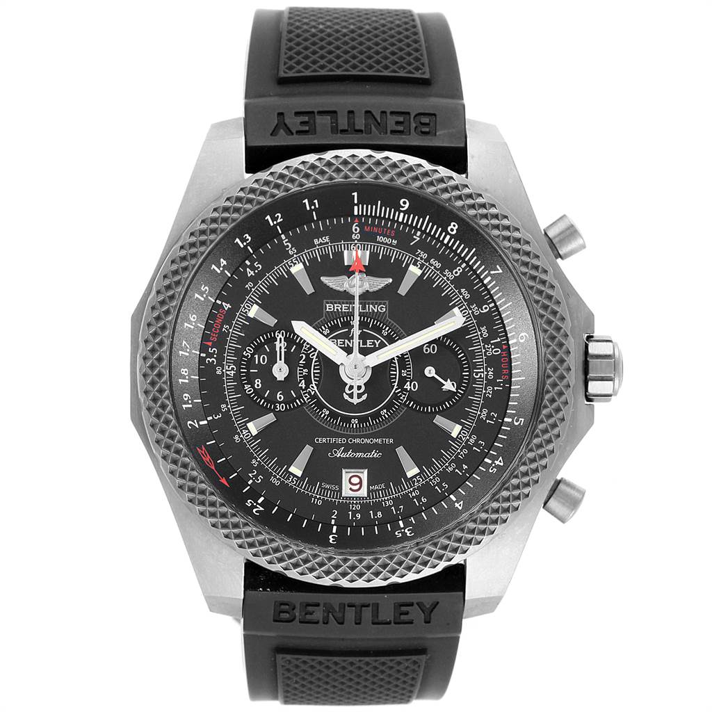 This image shows a front view of a Bentley model watch by Breitling, displaying the dial, bezel, and part of the strap.