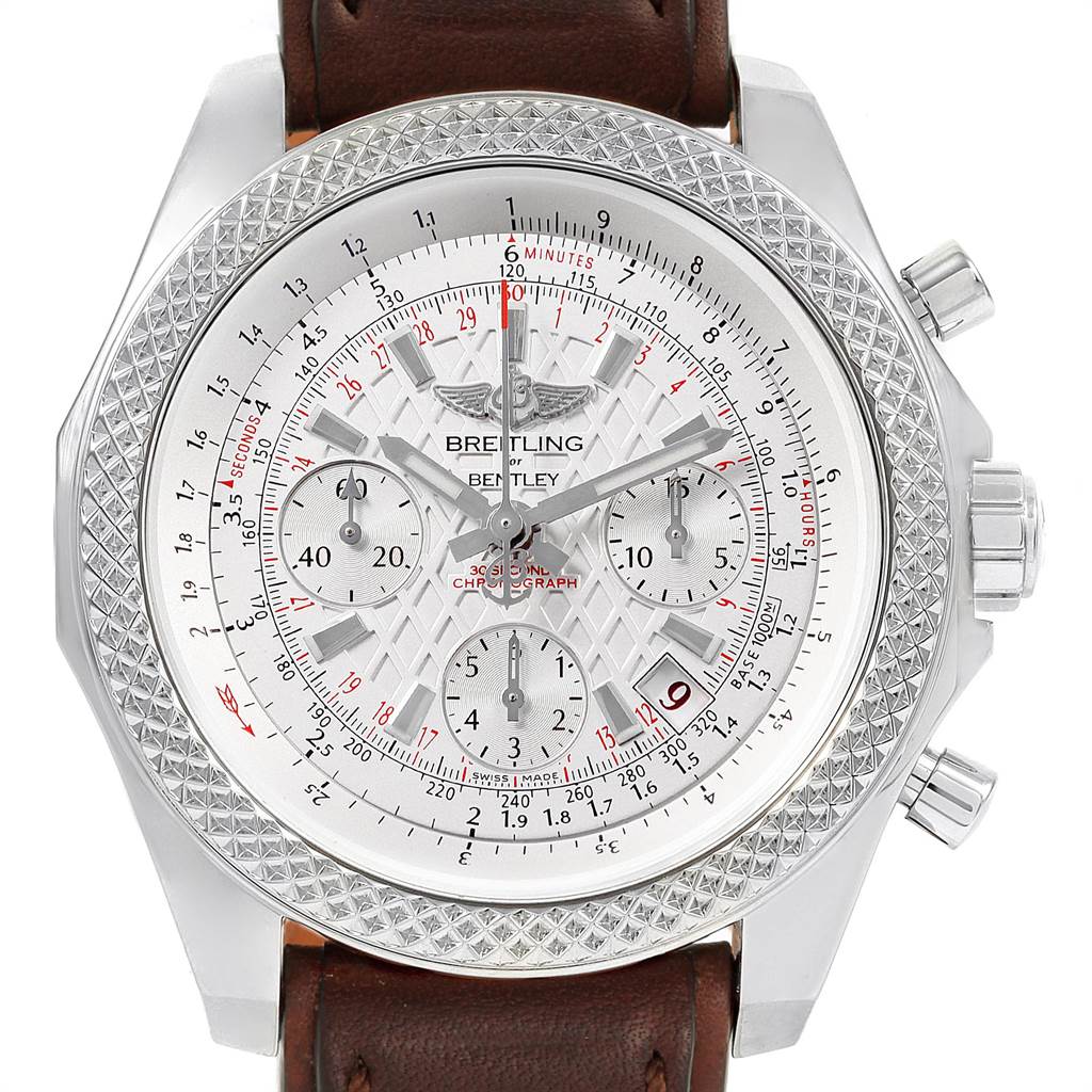 The image shows a front view of a Breitling Bentley AB0521U0/A768/789P/A20BA.1 Men's Stainless Steel Silver Dial AB0521U0/A768/789P/A20BA.1 Men's Stainless Steel Silver Dial watch, featuring its silver dial, chronograph subdials, and brown leather strap.