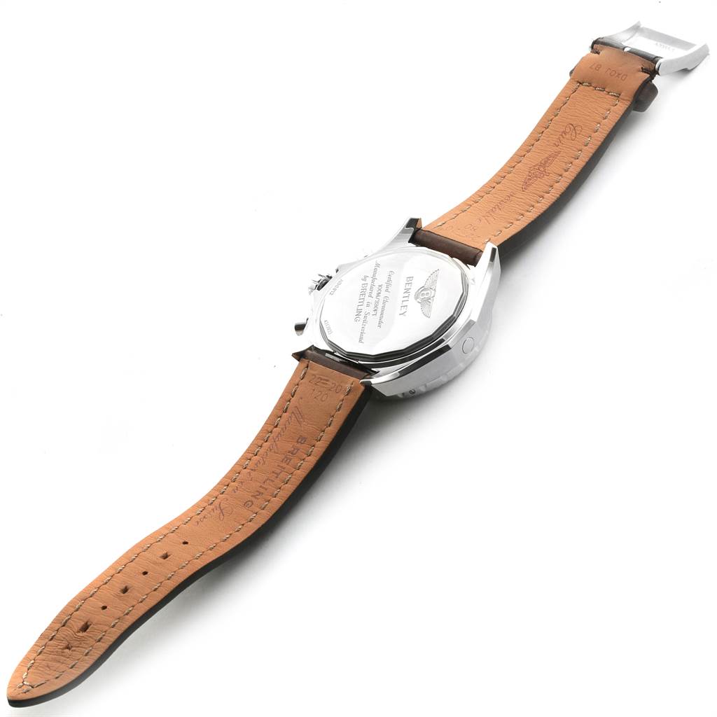 The image shows the back view of a Breitling Bentley AB0521U0/A768/789P/A20BA.1 Men's Stainless Steel Silver Dial AB0521U0/A768/789P/A20BA.1 Men's Stainless Steel Silver Dial watch, displaying the backside and the leather strap.