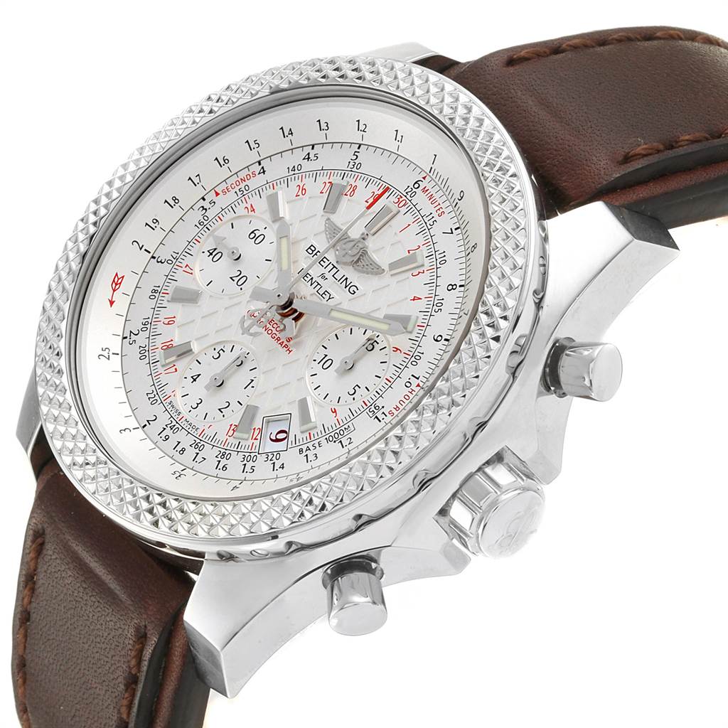 The image shows a side angle of the Breitling Bentley AB0521U0/A768/789P/A20BA.1 Men's Stainless Steel Silver Dial AB0521U0/A768/789P/A20BA.1 Men's Stainless Steel Silver Dial watch highlighting its dial, bezel, crown, and pushers.