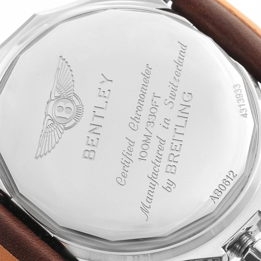 The image shows the case back of the Bentley model by Breitling, displaying engraved details and the logo.