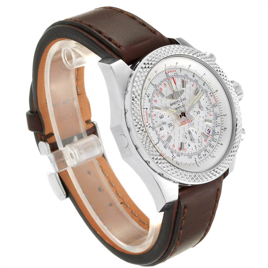 The Bentley model by Breitling is shown at an angled side view, highlighting the watch face, bezel, and brown leather strap.