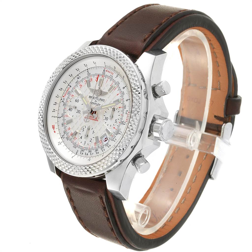 This image shows a Breitling Bentley AB0521U0/A768/789P/A20BA.1 Men's Stainless Steel Silver Dial AB0521U0/A768/789P/A20BA.1 Men's Stainless Steel Silver Dial watch at a slight angle, displaying the face, bezel, chronograph pushers, and leather strap.