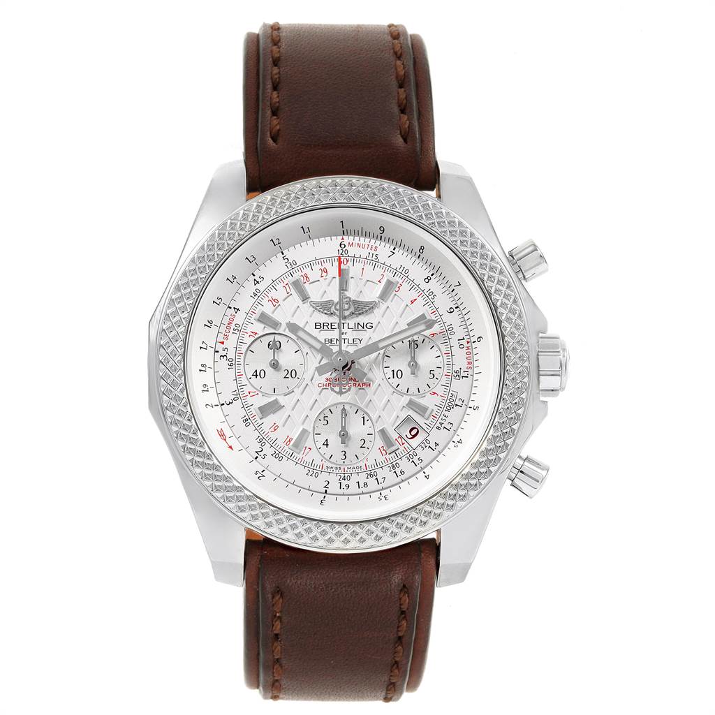 The image shows a front view of a Breitling Bentley AB0521U0/A768/789P/A20BA.1 Men's Stainless Steel Silver Dial AB0521U0/A768/789P/A20BA.1 Men's Stainless Steel Silver Dial watch with a silver dial and brown leather strap.
