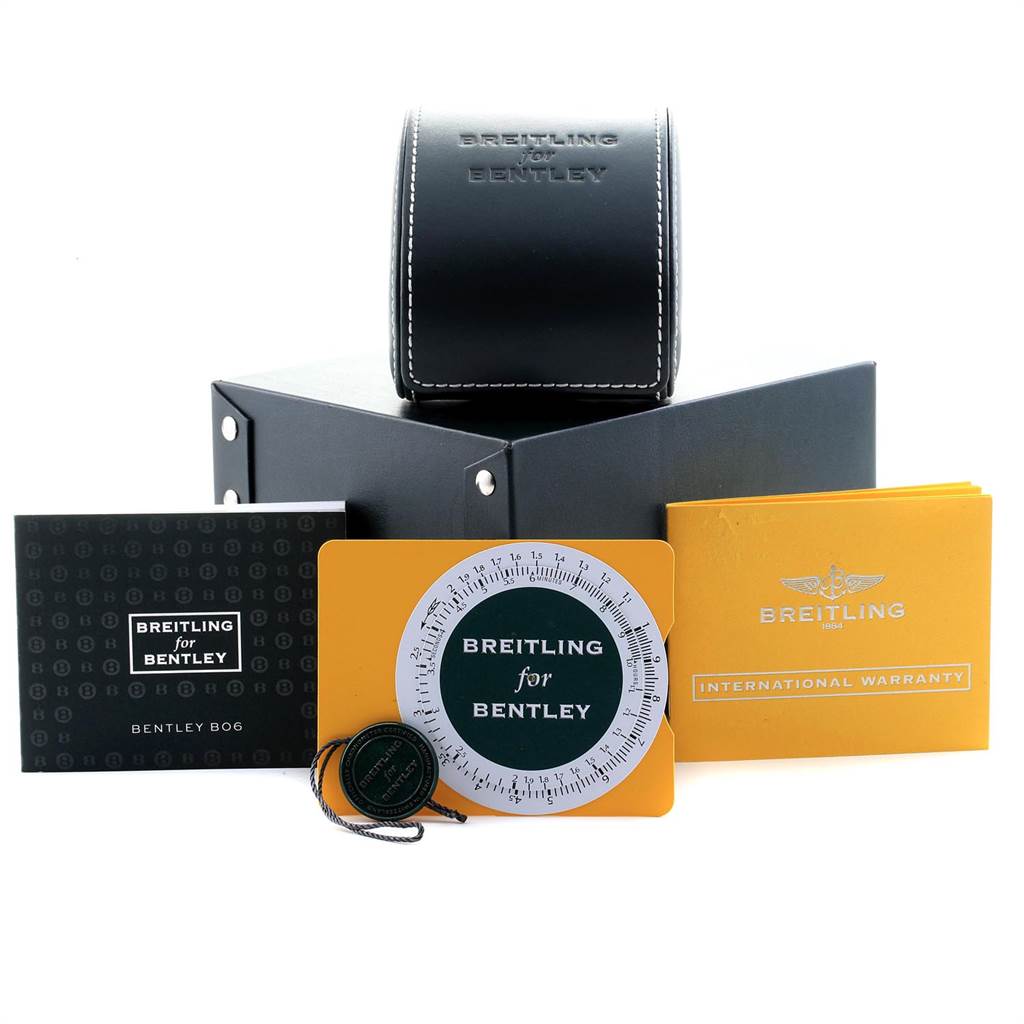 The image shows the packaging, warranty card, Bentley B06 booklet, and accessories for the Breitling Bentley AB0521U0/A768/789P/A20BA.1 Men's Stainless Steel Silver Dial AB0521U0/A768/789P/A20BA.1 Men's Stainless Steel Silver Dial model.