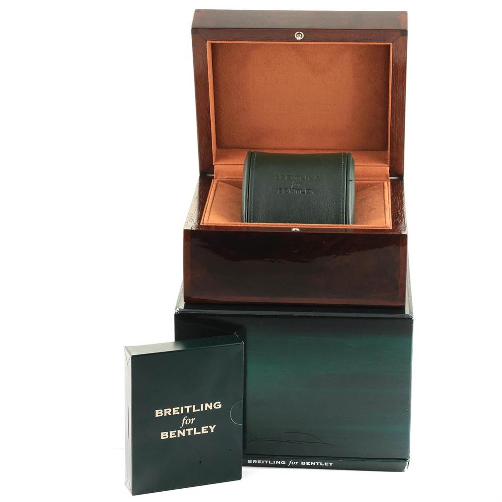 This image shows a Breitling for Bentley watch box with a cushion inside, viewed from the front.