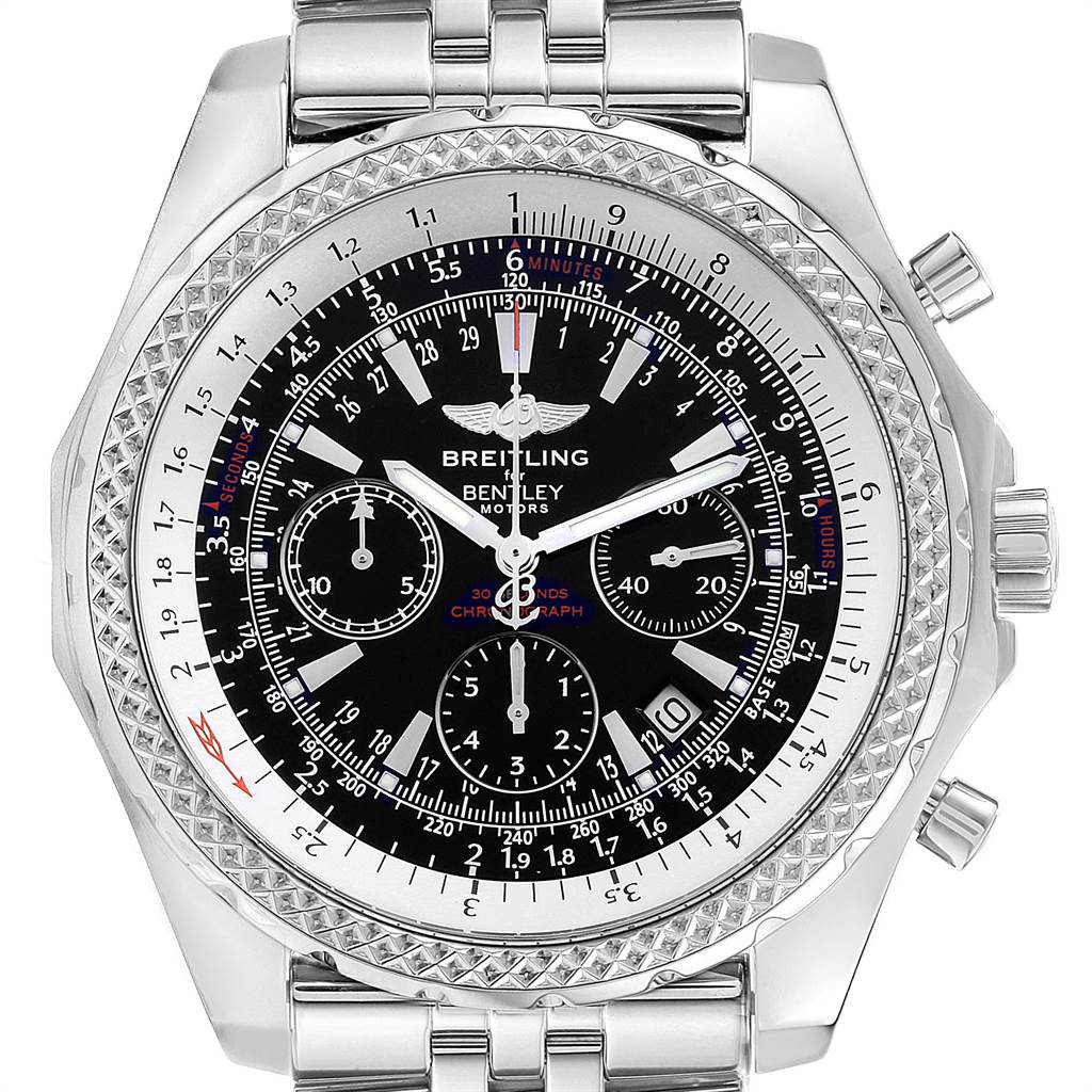 The image shows a close-up of the dial, bezel, and part of the bracelet of the Breitling Bentley A25362 Men
s Stainless Steel Black Dial A25362 Men
s Stainless Steel Black Dial watch model.