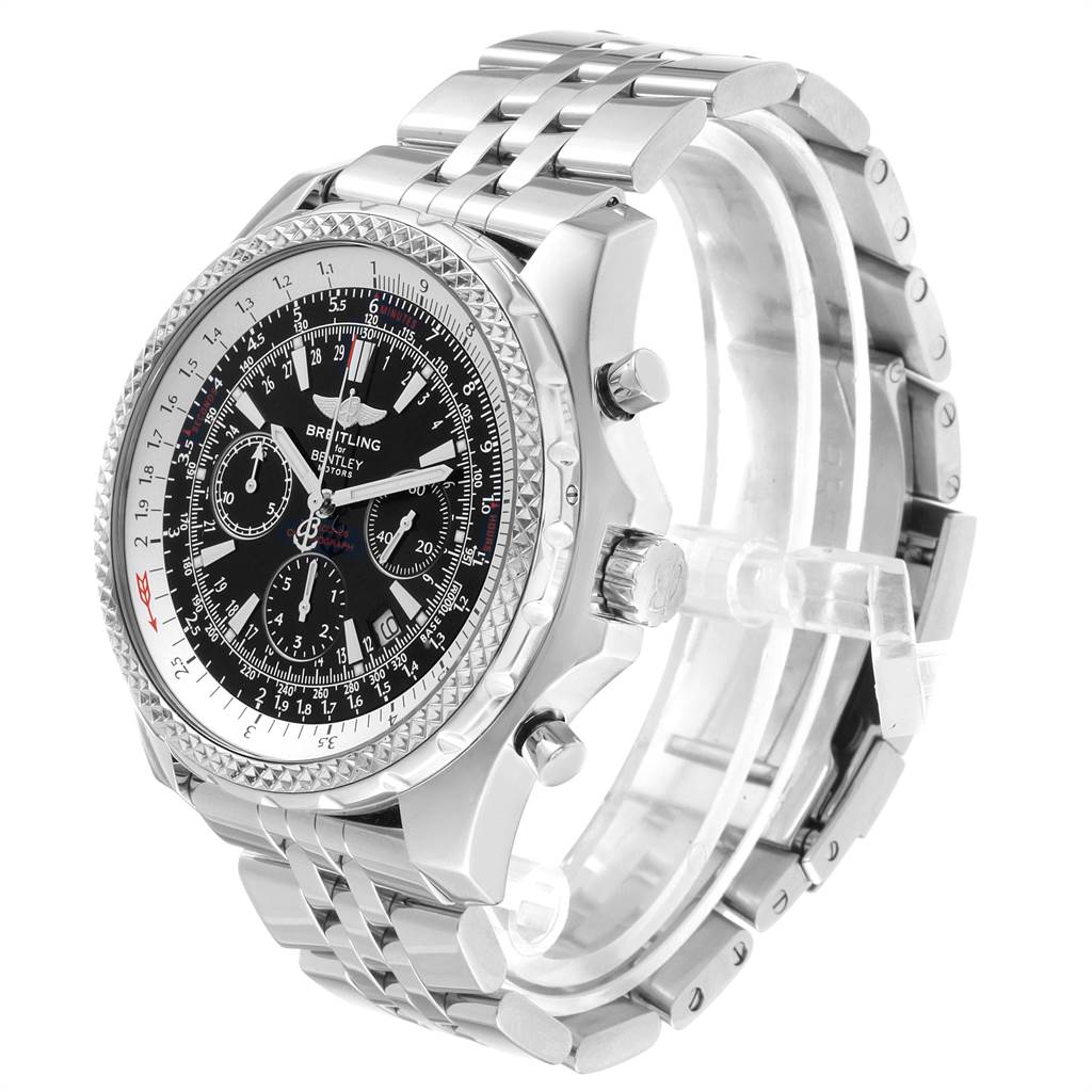 The image shows a side angle view of a Breitling Bentley A25362 Men
s Stainless Steel Black Dial A25362 Men
s Stainless Steel Black Dial watch with a stainless steel bracelet and black dial.