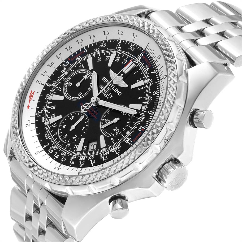 The Breitling Bentley A25362 Men
s Stainless Steel Black Dial A25362 Men
s Stainless Steel Black Dial model watch is shown at a slight side angle, highlighting its stainless steel case, bezel, and chronograph dials.