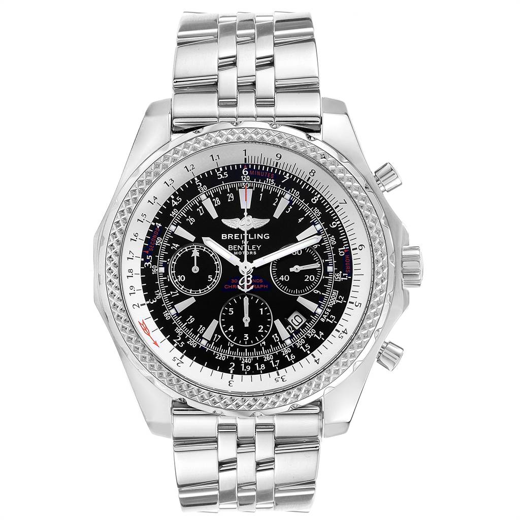 The image shows a front view of the Breitling Bentley A25362 Men
s Stainless Steel Black Dial A25362 Men
s Stainless Steel Black Dial watch, highlighting its face, subdials, bezel, and metal band.