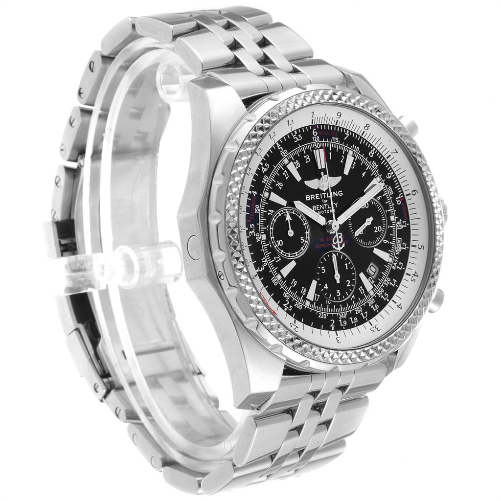 The image shows a side-view angle of a Breitling Bentley A25362 Men
s Stainless Steel Black Dial A25362 Men
s Stainless Steel Black Dial watch, highlighting its stainless steel bracelet, bezel, and dial.