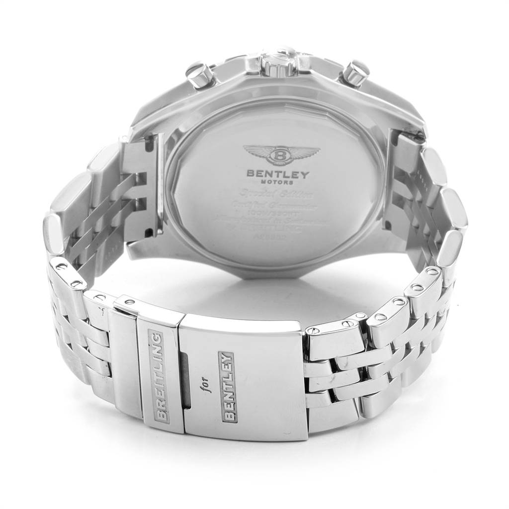 The image shows the back case and clasp of the Breitling Bentley A25362 Men
s Stainless Steel Black Dial A25362 Men
s Stainless Steel Black Dial model watch from a rear angle.