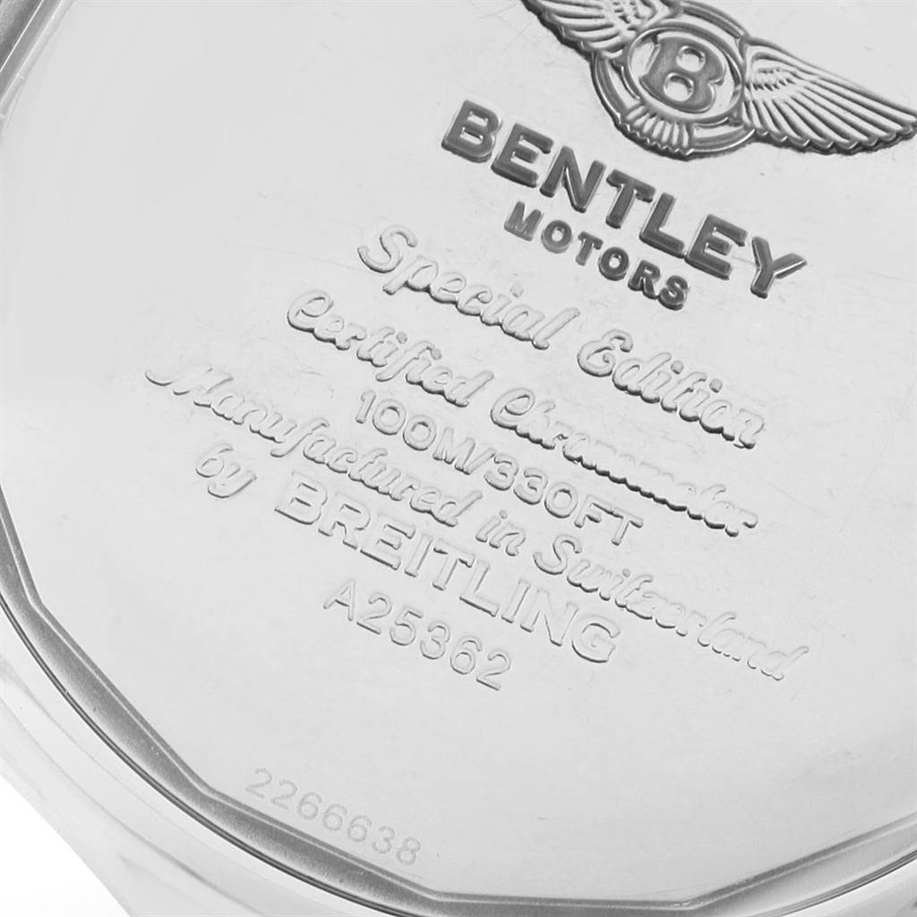 The image shows the back case of the Bentley model watch by Breitling, featuring inscriptions and branding.