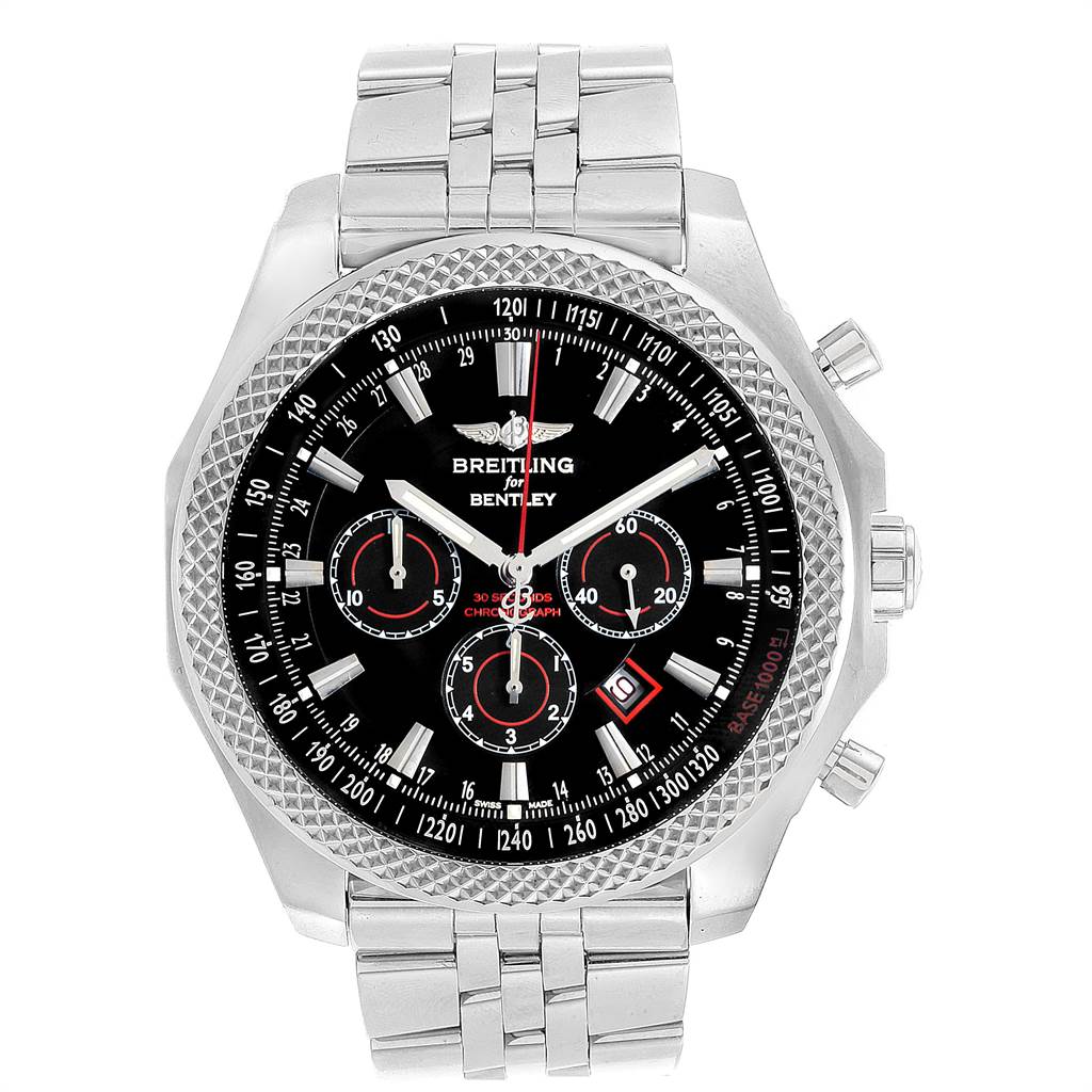 The image shows a frontal view of the Breitling Bentley A2536* Men
s Stainless Steel Black Dial A2536* Men
s Stainless Steel Black Dial watch, highlighting the face, bezel, and metal bracelet.