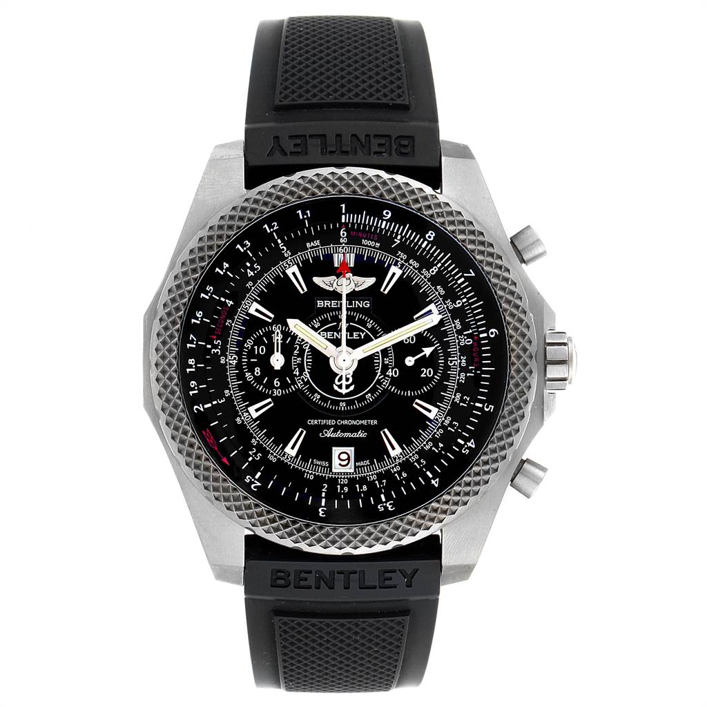 The image shows a front view of the Breitling Bentley E27365 Men's Titanium Black Dial E27365 Men's Titanium Black Dial watch, highlighting its black dial, rubber strap, and chronograph features.