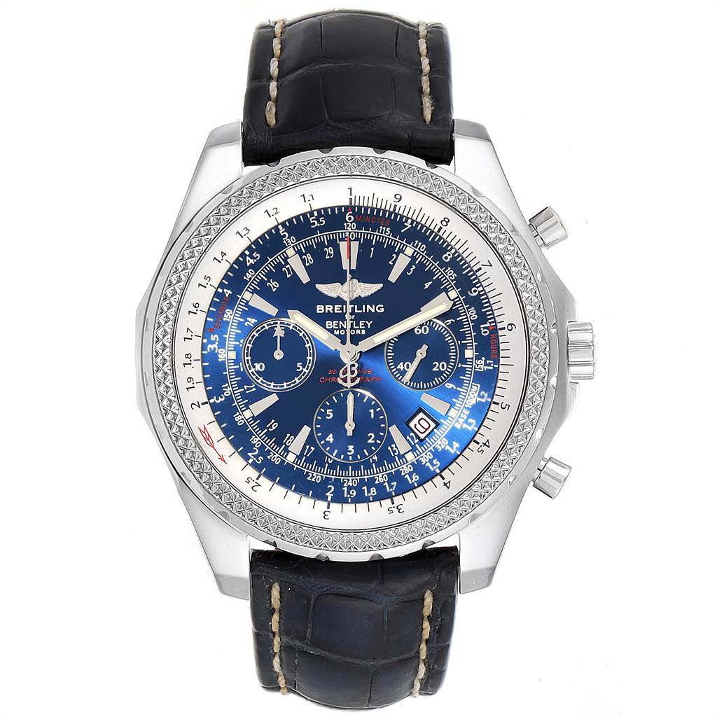 The image shows a front view of a Breitling Bentley A25362 Men's Stainless Steel Blue Dial A25362 Men's Stainless Steel Blue Dial watch, displaying its blue dial, three sub-dials, and black leather strap.