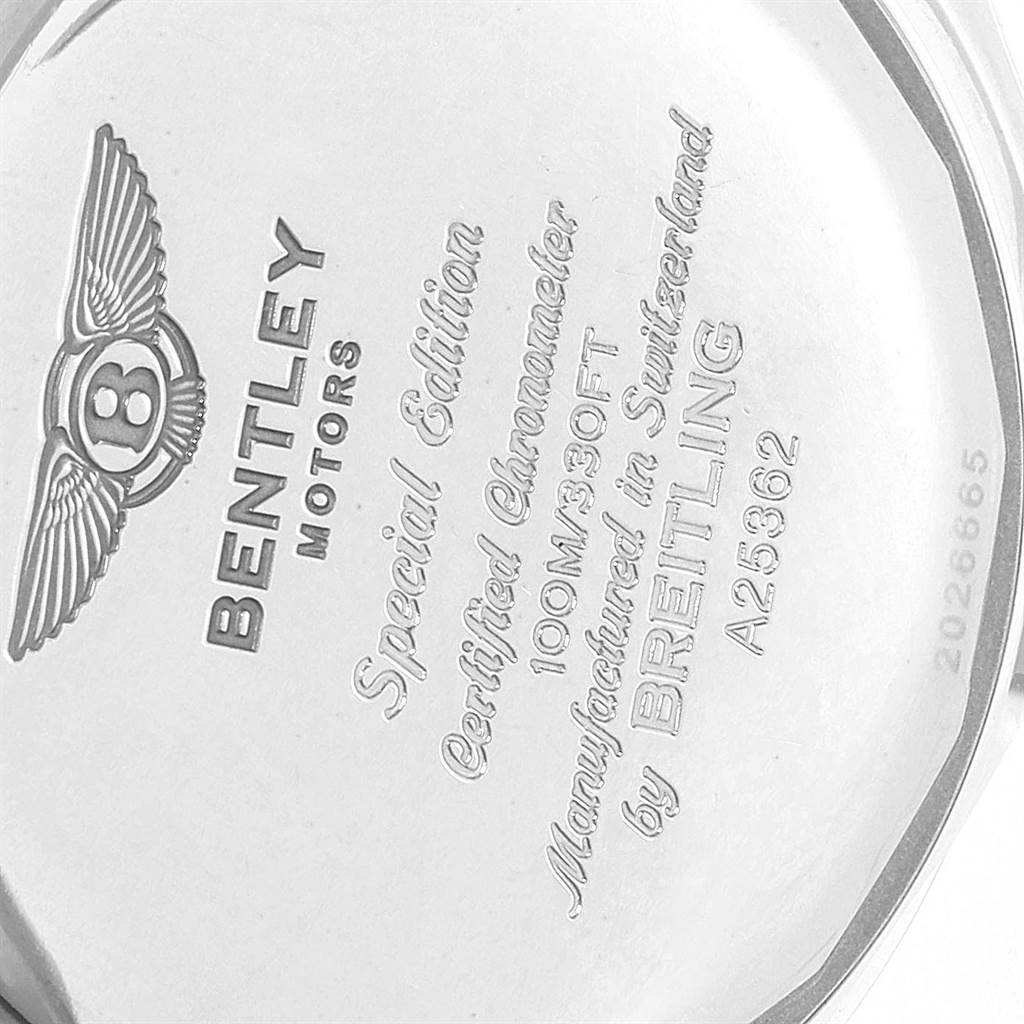 This image shows the case back of the Breitling Bentley A25362 Men's Stainless Steel Brown Dial A25362 Men's Stainless Steel Brown Dial watch model, displaying engraved details and specifications.