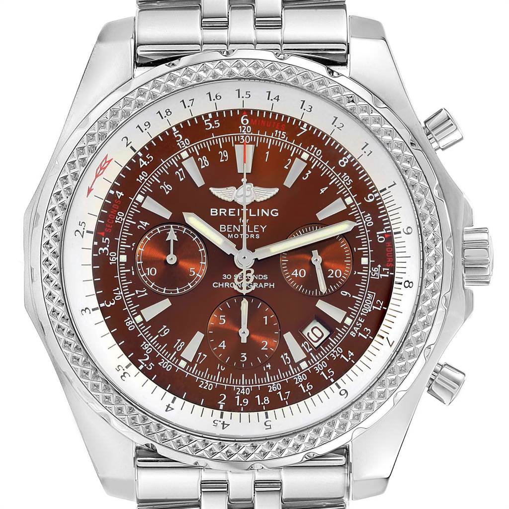 The image shows a front view of the Breitling Bentley A25362 Men's Stainless Steel Brown Dial A25362 Men's Stainless Steel Brown Dial watch, displaying its face, bezel, crown, and part of the bracelet.