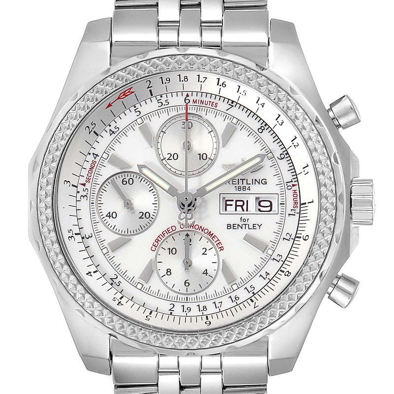 The Breitling Bentley watch is shown from the front, displaying the dial, crown, and chronograph buttons.