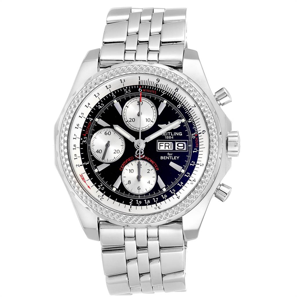 The Breitling Bentley A13362 Men's Stainless Steel Black Dial A13362 Men's Stainless Steel Black Dial model watch is shown from a straight-on angle, displaying its face, bezel, and metal strap.