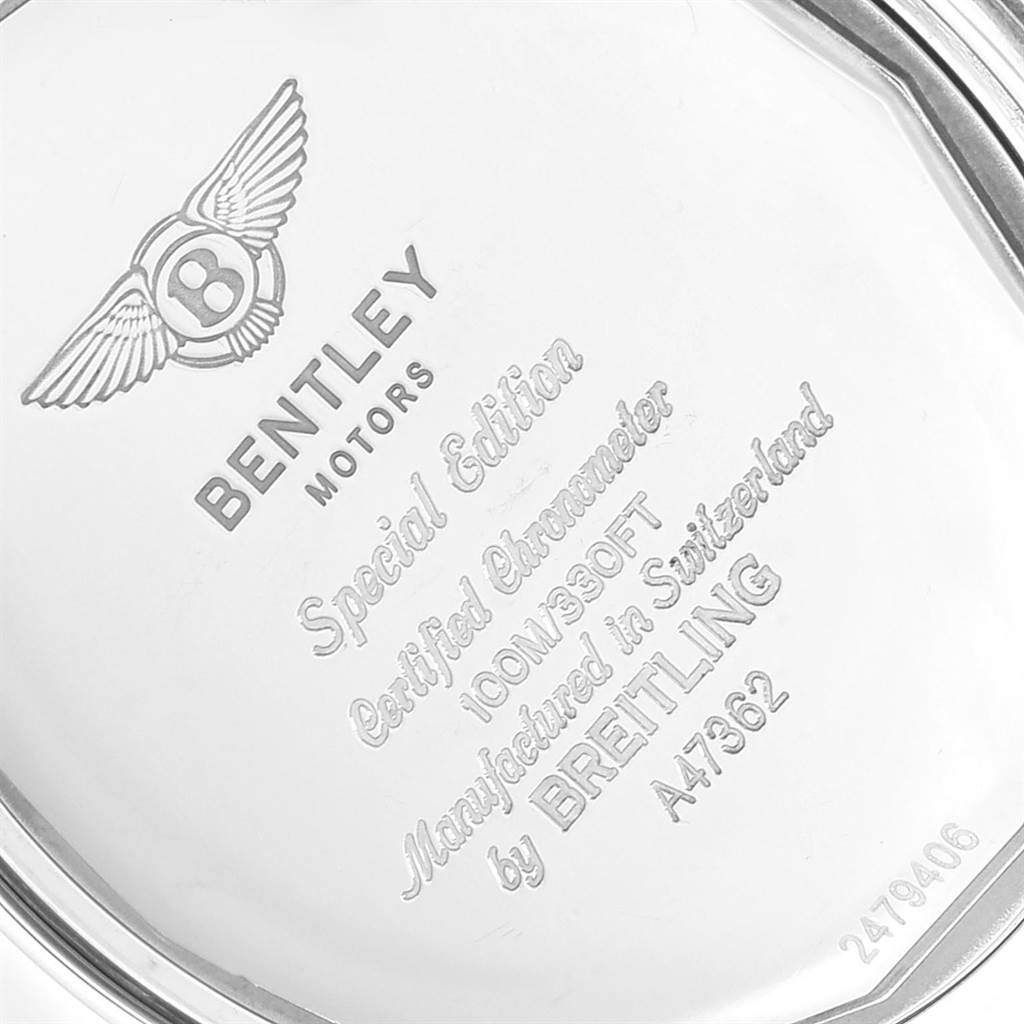 The image shows the back case of a Bentley model watch by Breitling, displaying its engravings and details.