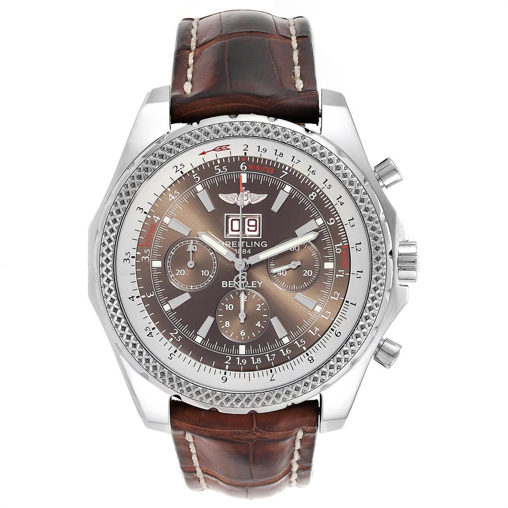 The image shows a Breitling Bentley A44362 Men's Stainless Steel Brown Dial A44362 Men's Stainless Steel Brown Dial model watch from a front angle, highlighting its dial, case, and leather strap.
