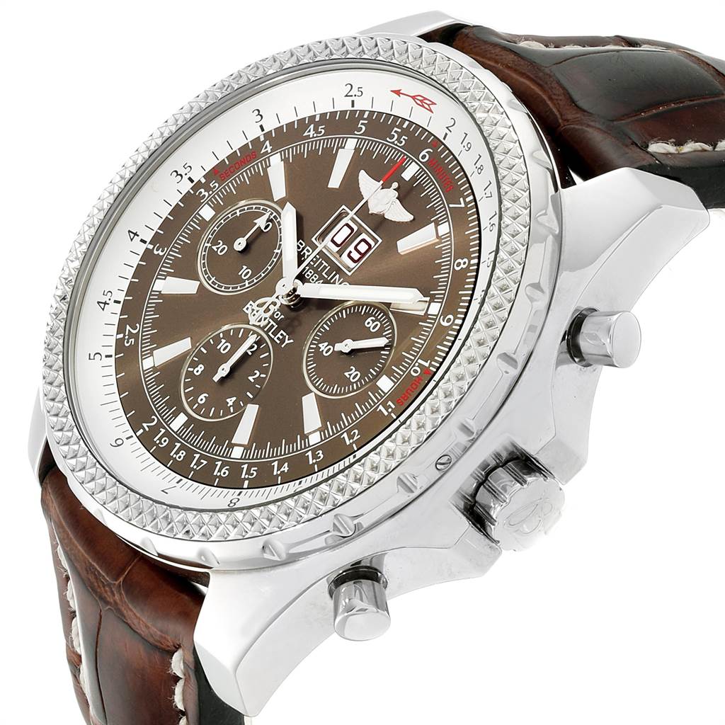 This Breitling Bentley A44362 Men's Stainless Steel Brown Dial A44362 Men's Stainless Steel Brown Dial watch is shown at an angled side view, highlighting the bezel, dial, sub-dials, and crown.