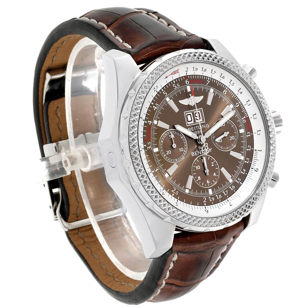 The image shows a Breitling Bentley A44362 Men's Stainless Steel Brown Dial A44362 Men's Stainless Steel Brown Dial model watch at a slight side angle, highlighting its bezel, chronograph dials, and brown leather strap.