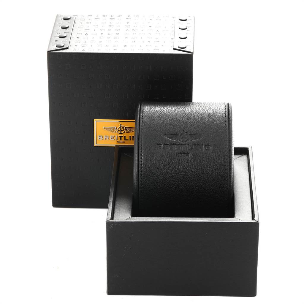 The image shows the Breitling Bentley A44362 Men's Stainless Steel Brown Dial A44362 Men's Stainless Steel Brown Dial watch packaging, including a black box and a watch holder.