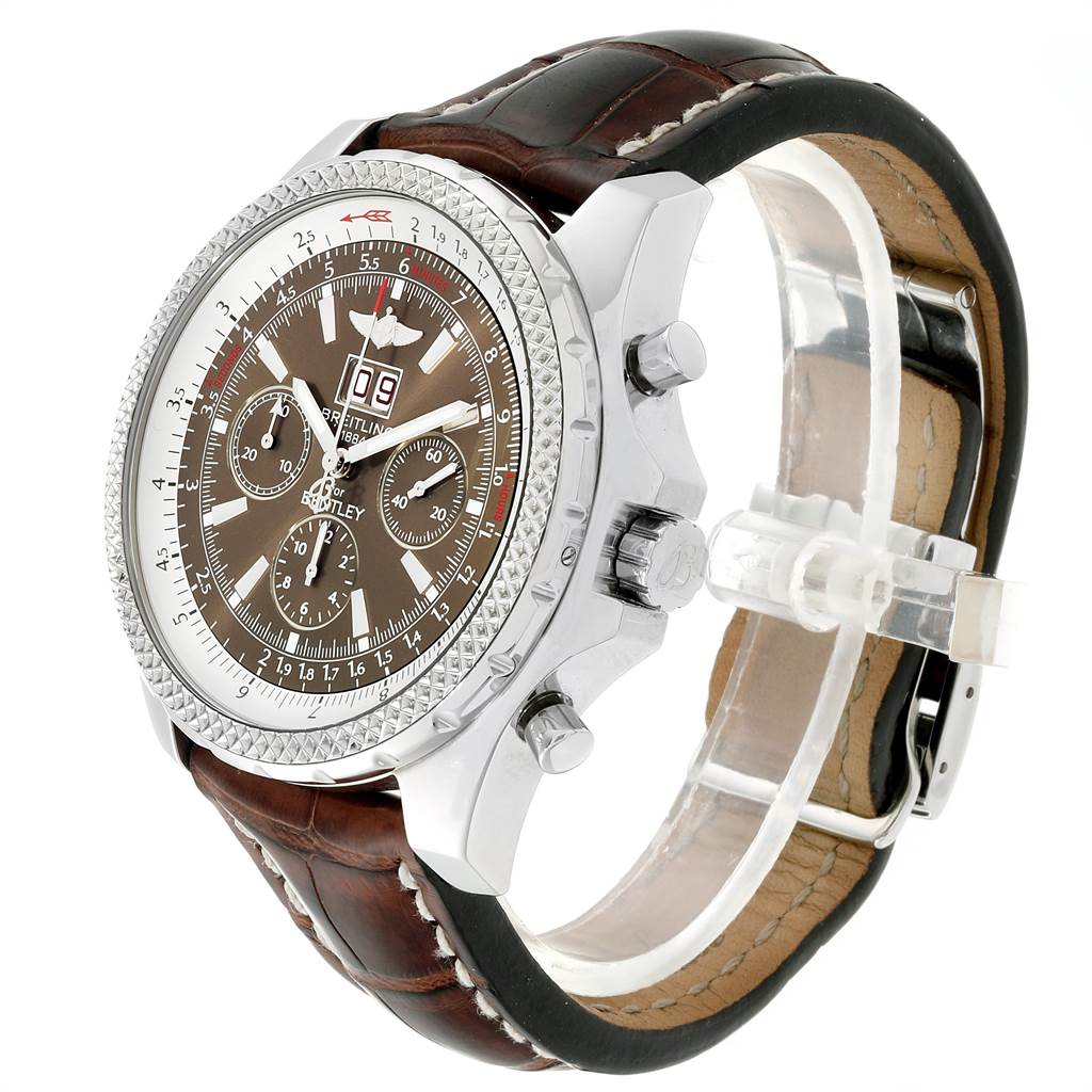 The Breitling Bentley A44362 Men's Stainless Steel Brown Dial A44362 Men's Stainless Steel Brown Dial watch is shown from a side angle, highlighting the dial, bezel, and leather strap.